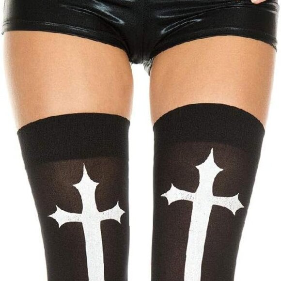 Punk Goth Cross Thigh High Over the Knee Socks Stockings - Picture 3 of 3